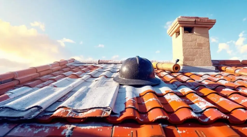 Professional roofing contractors installing authentic terracotta Spanish tiles on a commercial building in Everett.