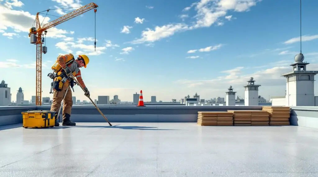 Professional contractors installing a durable white TPO flat roof system on a Everett commercial building.