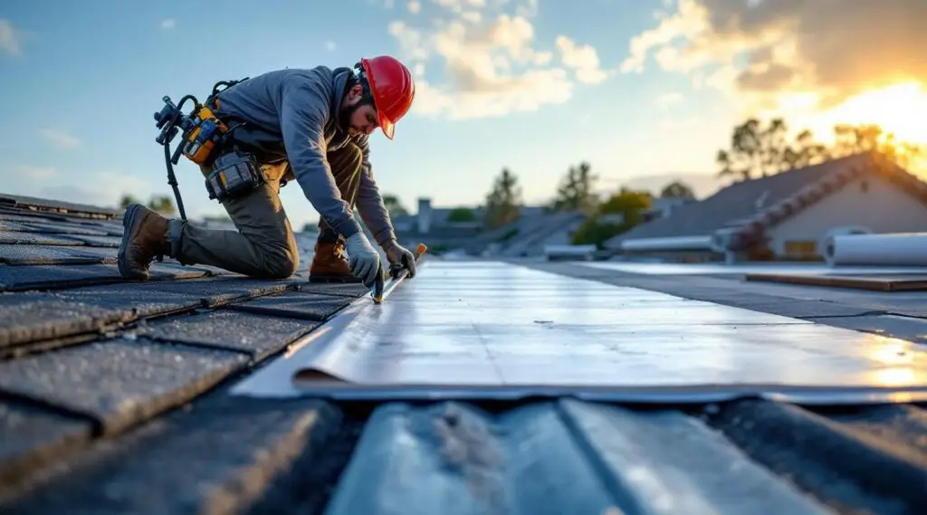 Professional roofing crew installing high-quality asphalt shingles on a Everett home under clear skies.