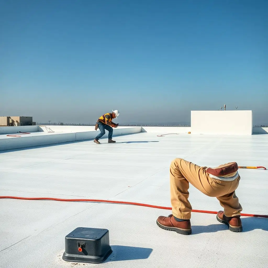 Roofing contractors performing precision seam repairs on a commercial flat roof in Everett.