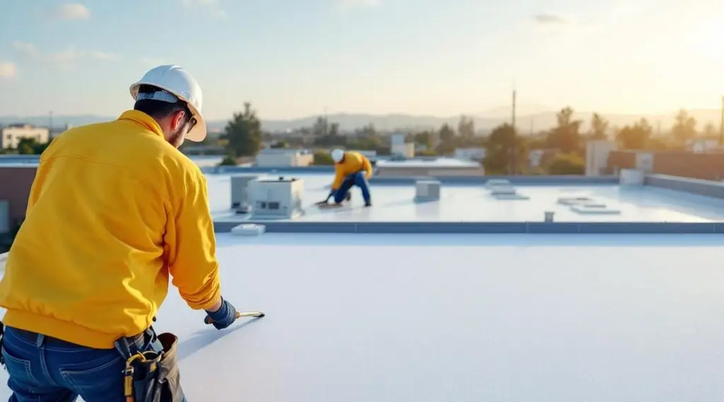 A commercial flat roof in Everett featuring white TPO membrane installation under bright California sunlight.
